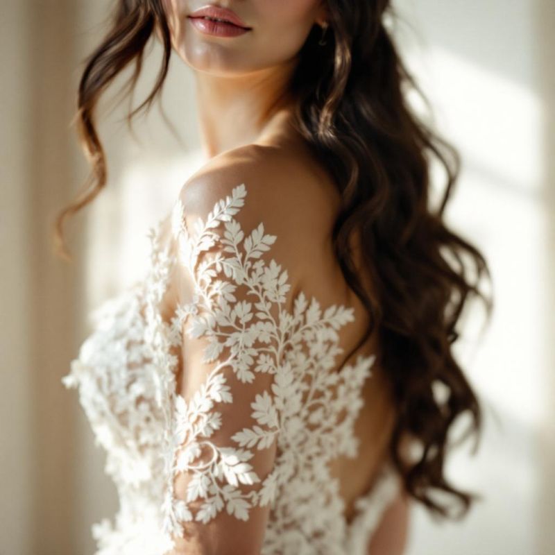 Applique wedding dress detail at London Bride, South London