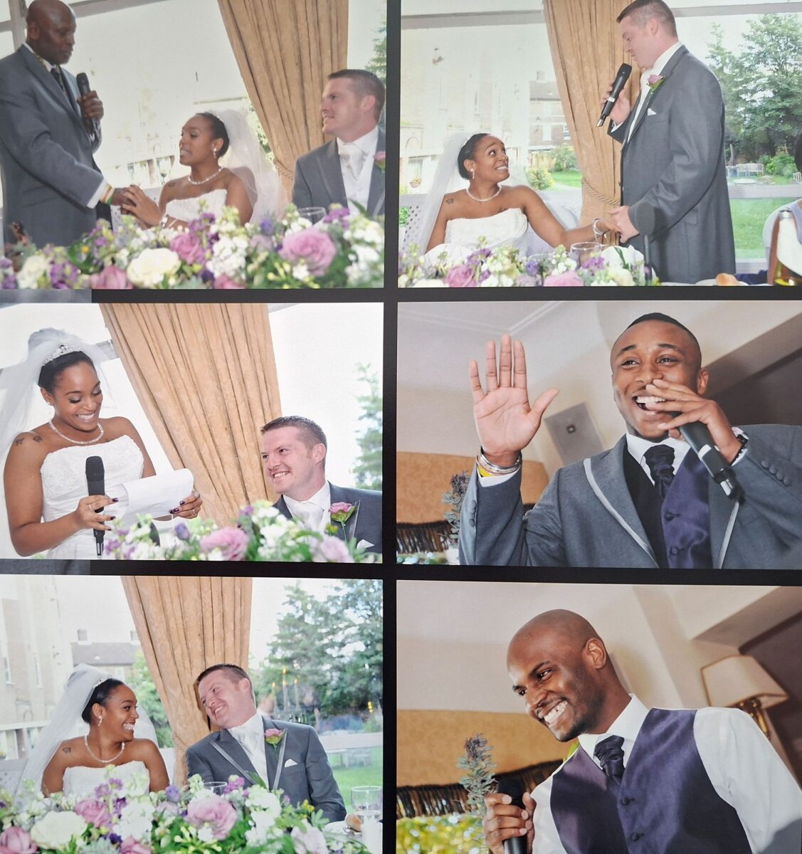 Tania in her strapless lace Sophia Tolli gown laughing and listening to speeches at The Clarendon Hotel, Blackheath.