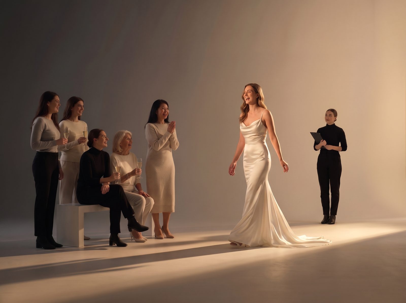 A bride in an ivory satin gown laughing with her friends and family in the evening light
