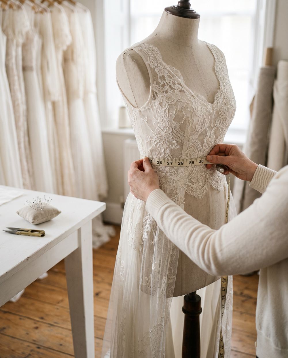 A tape measure drawn around the waist of a lace gown on a dress form
