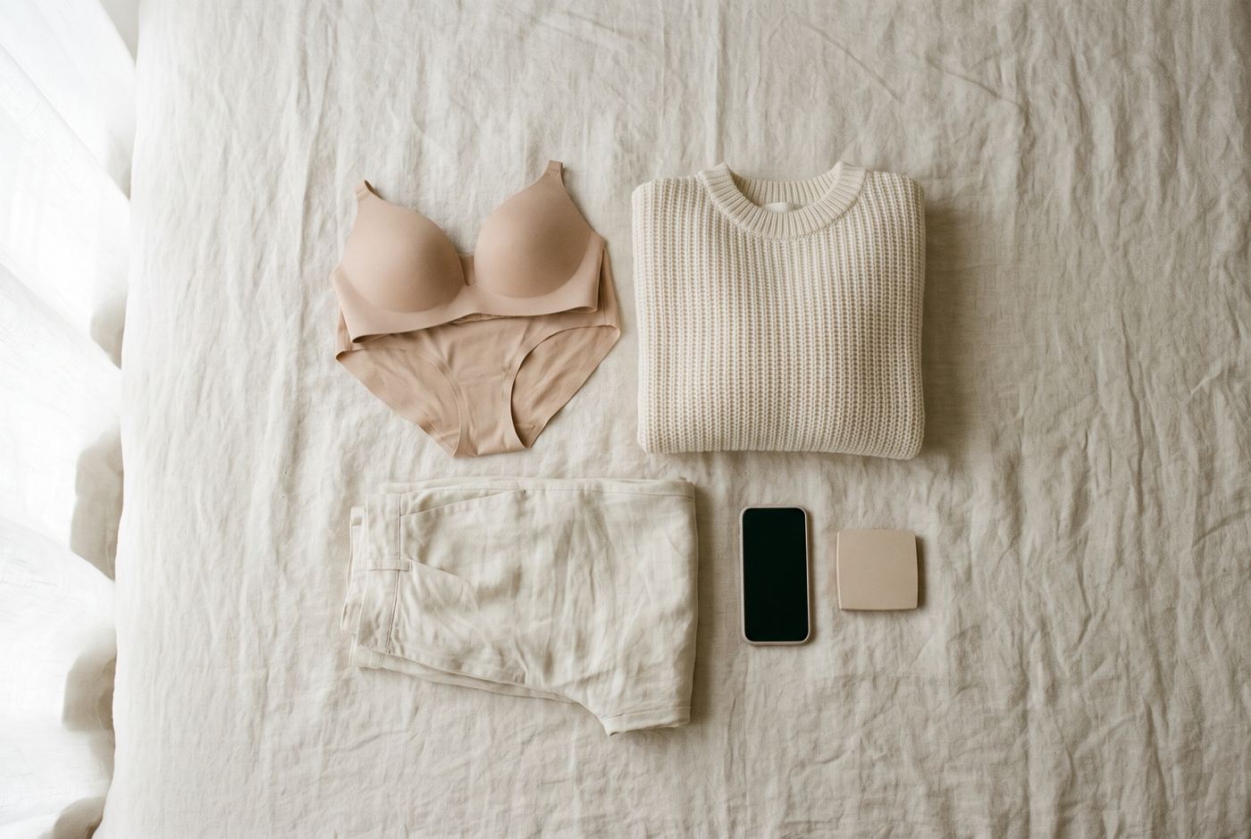Nude seamless underwear, a soft knit jumper, loose trousers, a phone and a compact laid out on linen